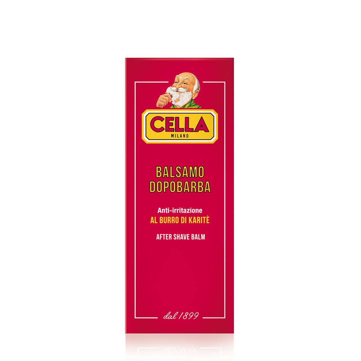 Red packaging of Cella Milano after shave balm with brand logo and product name.