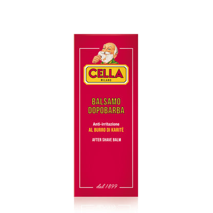 Red packaging of Cella Milano after shave balm with brand logo and product name.