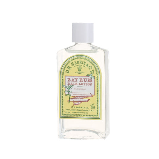 Bottle of D.R. Harris Bay Rum Hair Lotion on a white background