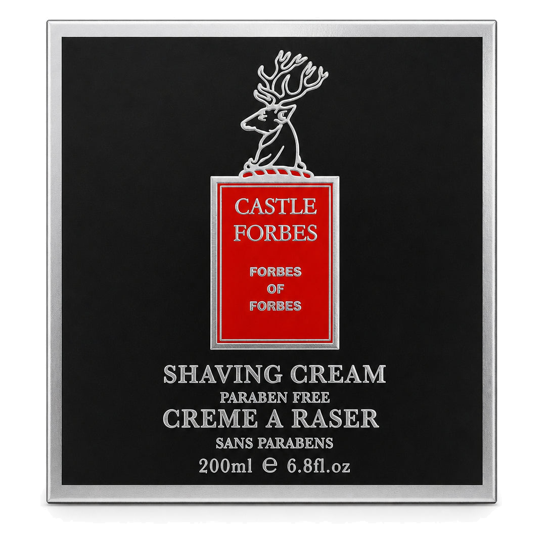 Castle Forbes shaving cream packaging with a black background and red label.
