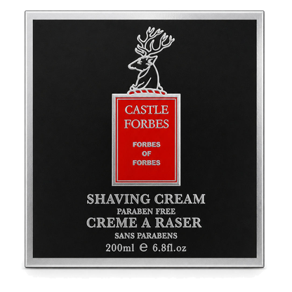 Castle Forbes shaving cream packaging with a black background and red label.