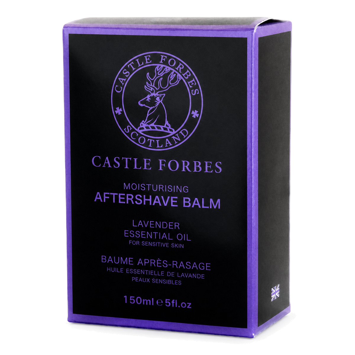 Castle Forbes Lavender Aftershave Balm – 150ml Bottle, Soothing Formula With Witch Hazel And Lavender Oil - Side View of Carton