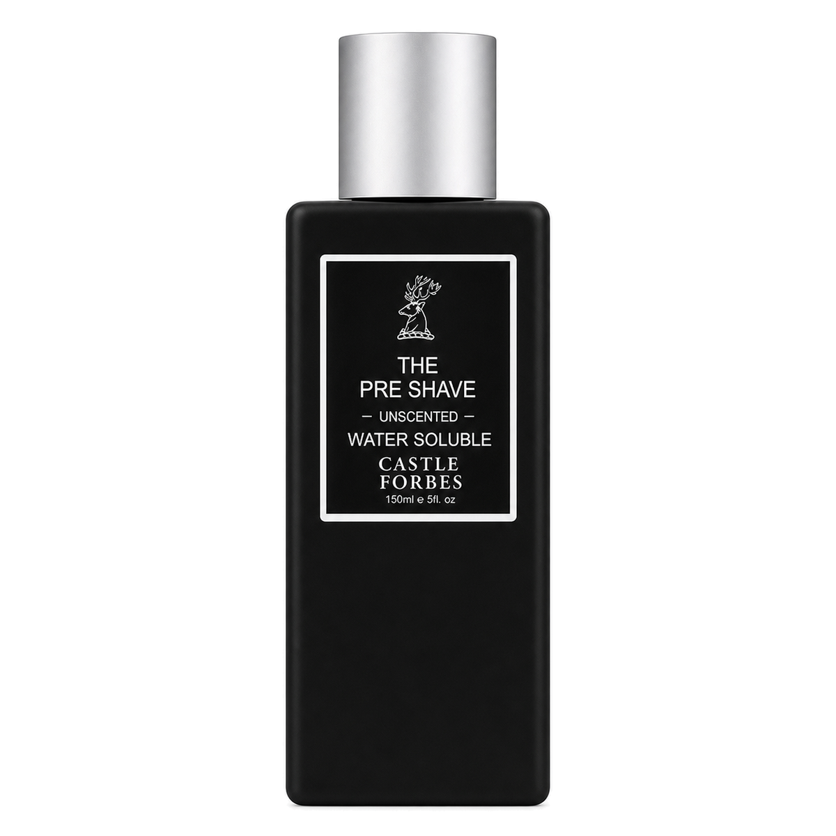 Black pre-shave bottle with silver cap on a white background