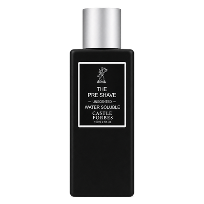 Black pre-shave bottle with silver cap on a white background