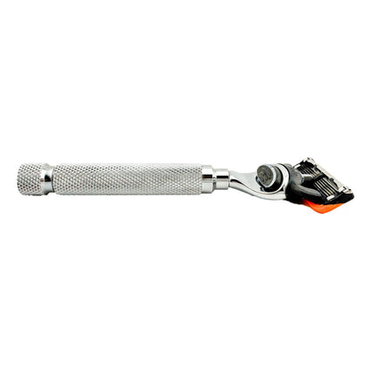 Metal Parker Fusion Compatible Deluxe Chrome Razor with textured handle on a white background