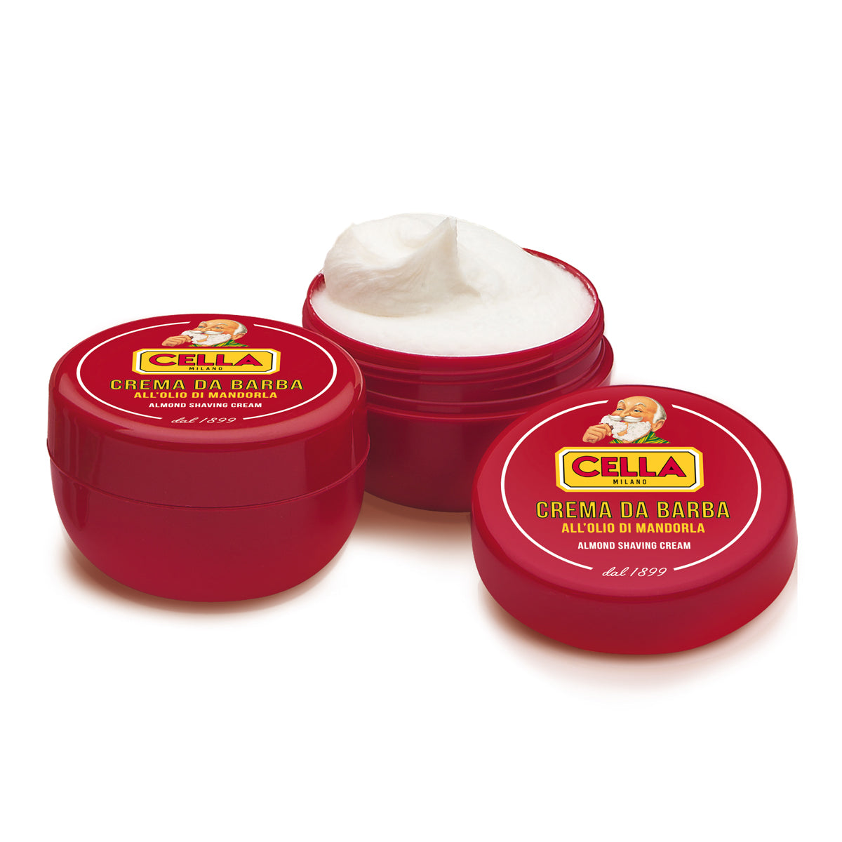 Red jar of Cella shaving cream with open lid on a white background