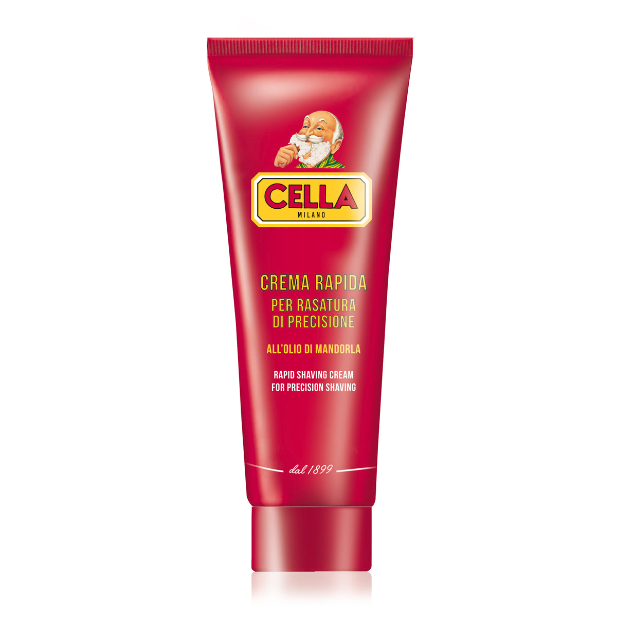 Red tube of Cella shaving cream on a white background
