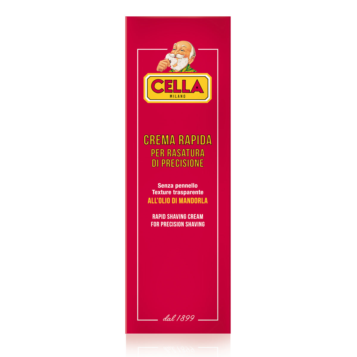 Red packaging of Cella Milano shaving cream with a vintage-style illustration of a man shaving.
