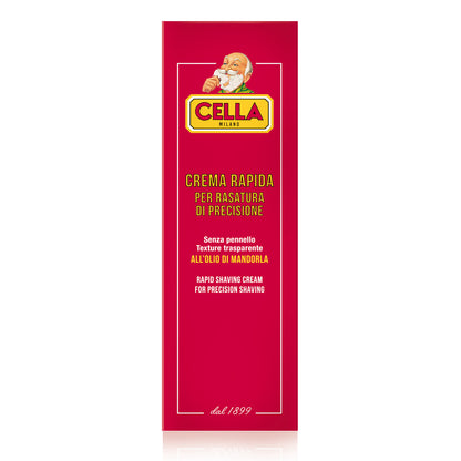 Red packaging of Cella Milano shaving cream with a vintage-style illustration of a man shaving.