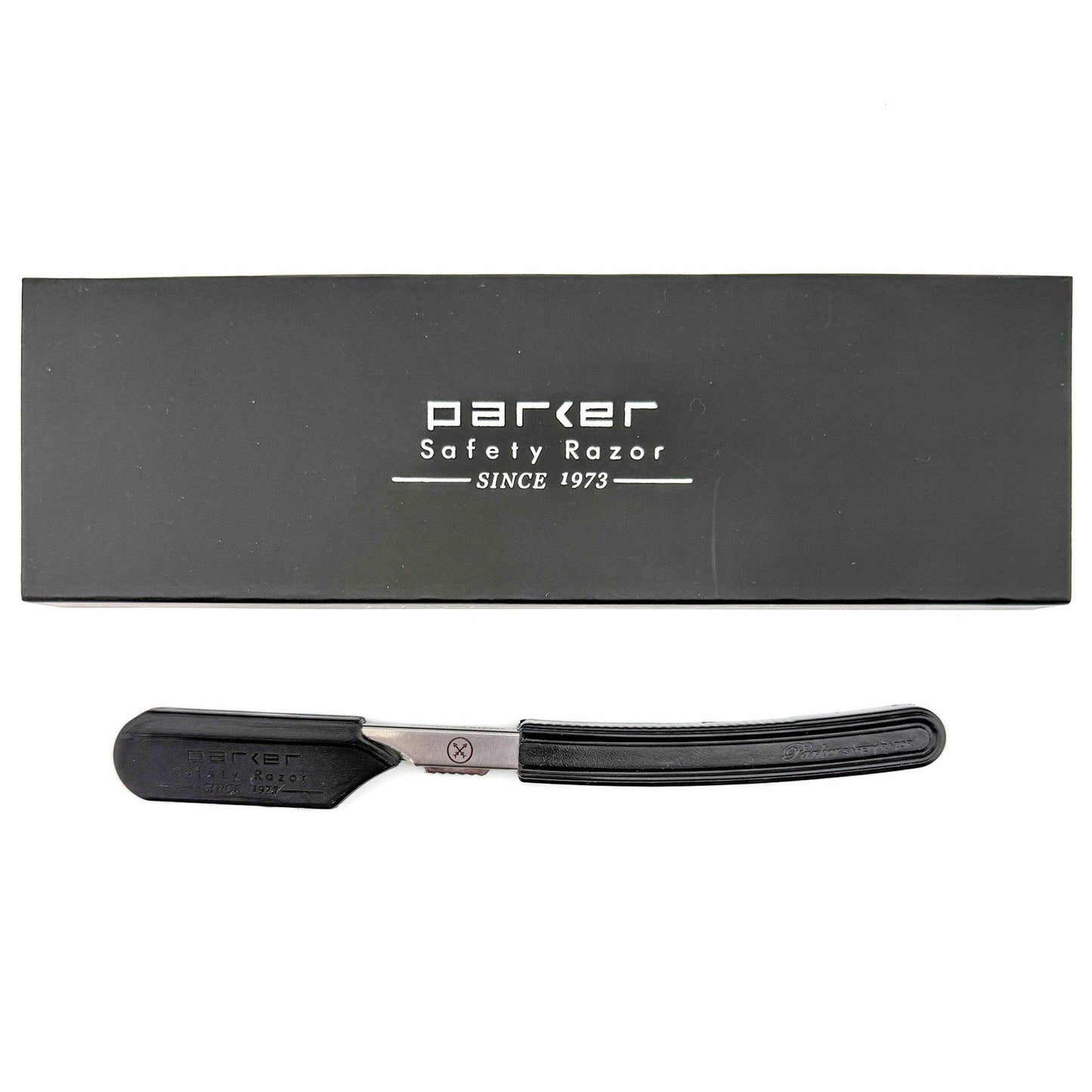 Parker safety razor with black handle and blade on a white background