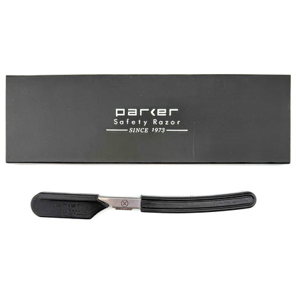 Parker safety razor with black handle and blade on a white background