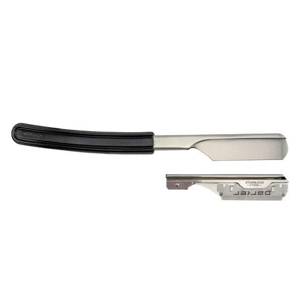 Shaving razor with black handle and silver blade on a white background