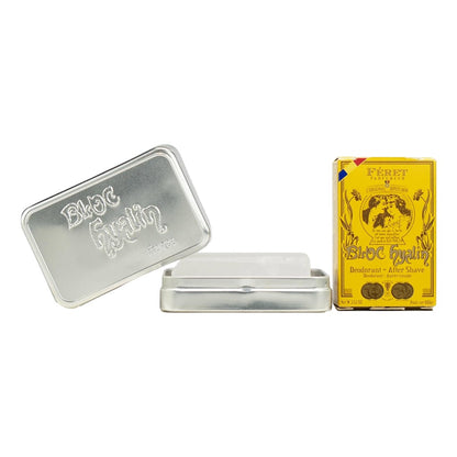 Silver tin and yellow box with branding on a white background