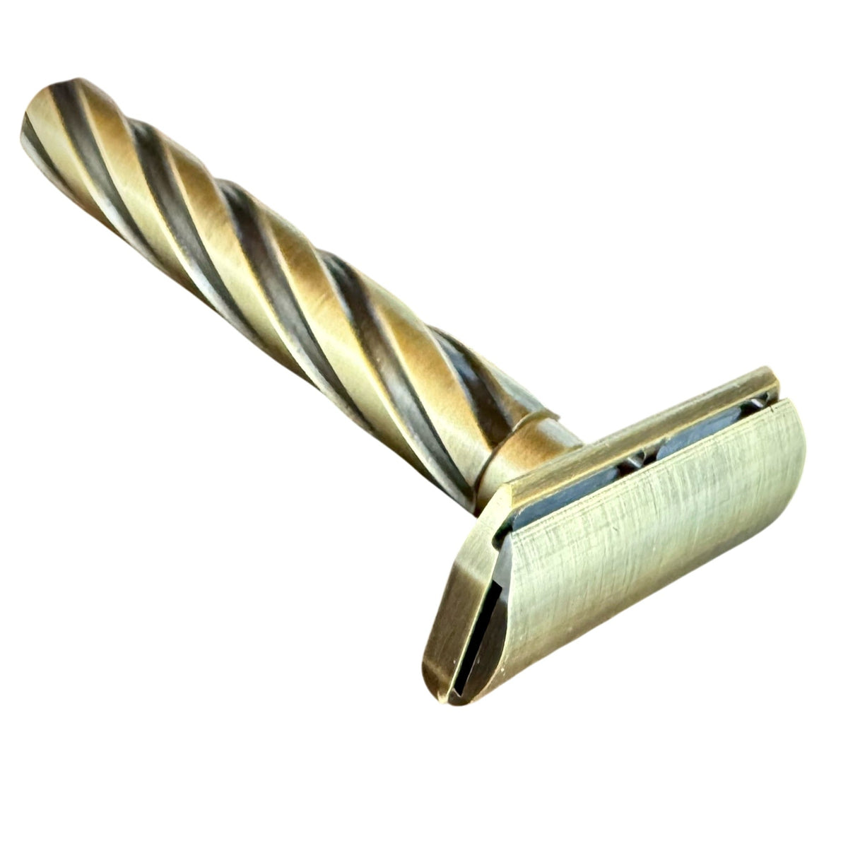 Parker Flight antique brass safety razor with a closed-comb head and textured handle