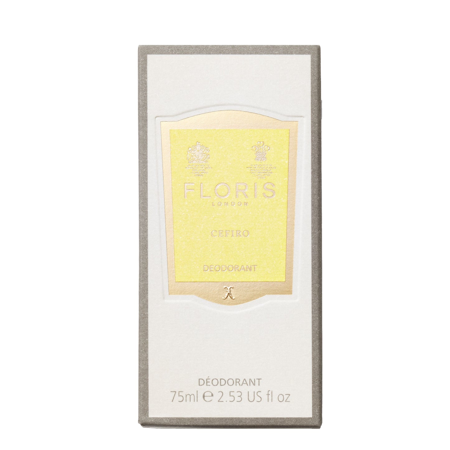 Floris Cefiro deodorant packaging with yellow label on a white background