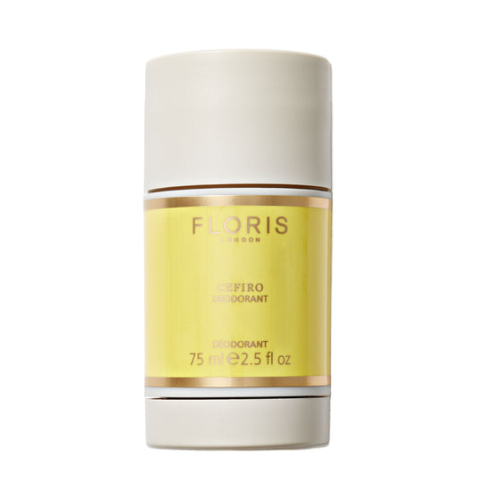 Floris Cefiro deodorant stick with white cap and yellow label on a white background