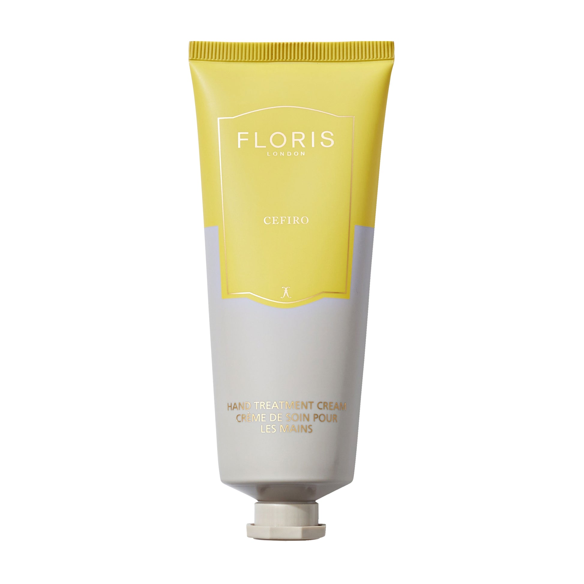 Floris Cefiro hand treatment cream tube with yellow and white design on a white background