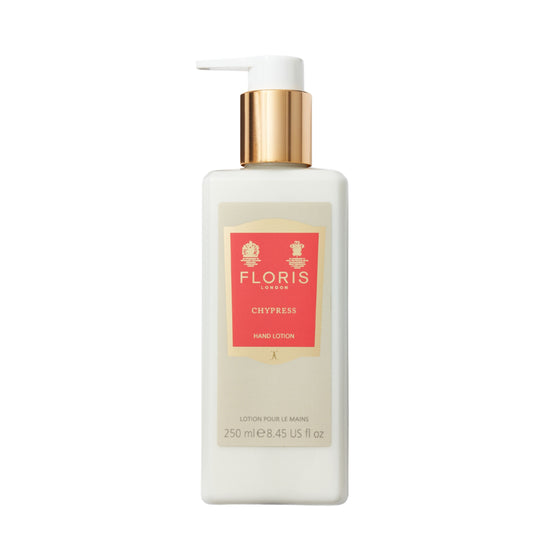 Floris Chypress hand lotion bottle on a white background