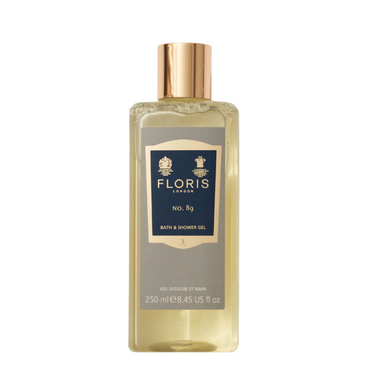 Bottle of Floris London No 89 bath and shower gel on a white background