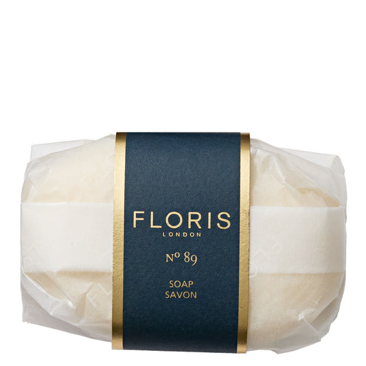 Bar of soap wrapped in clear plastic with a dark blue label featuring 'FLORIS LONDON No 89' on a white background.