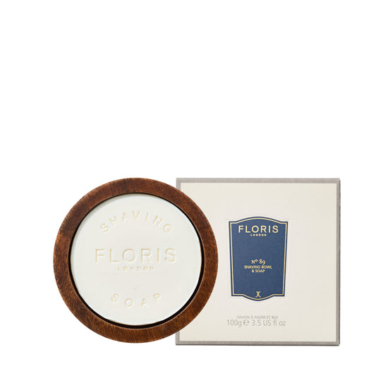 Floris No 89 soap in a wooden bowl with packaging on a white background