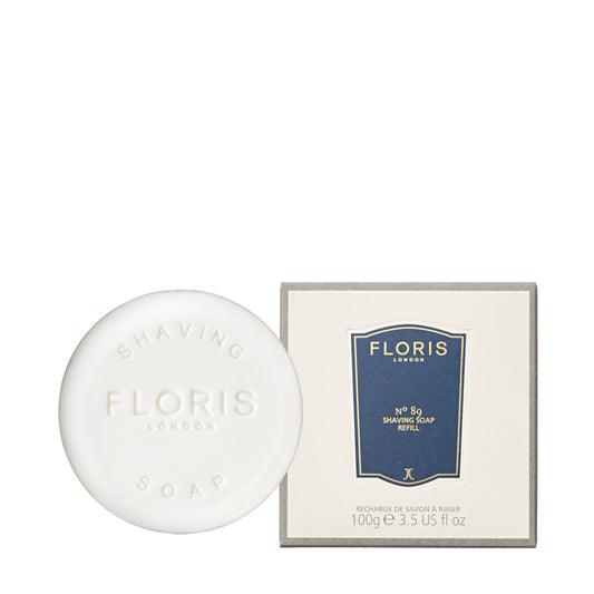 Floris London No 89 shaving soap refill and packaging on a white background