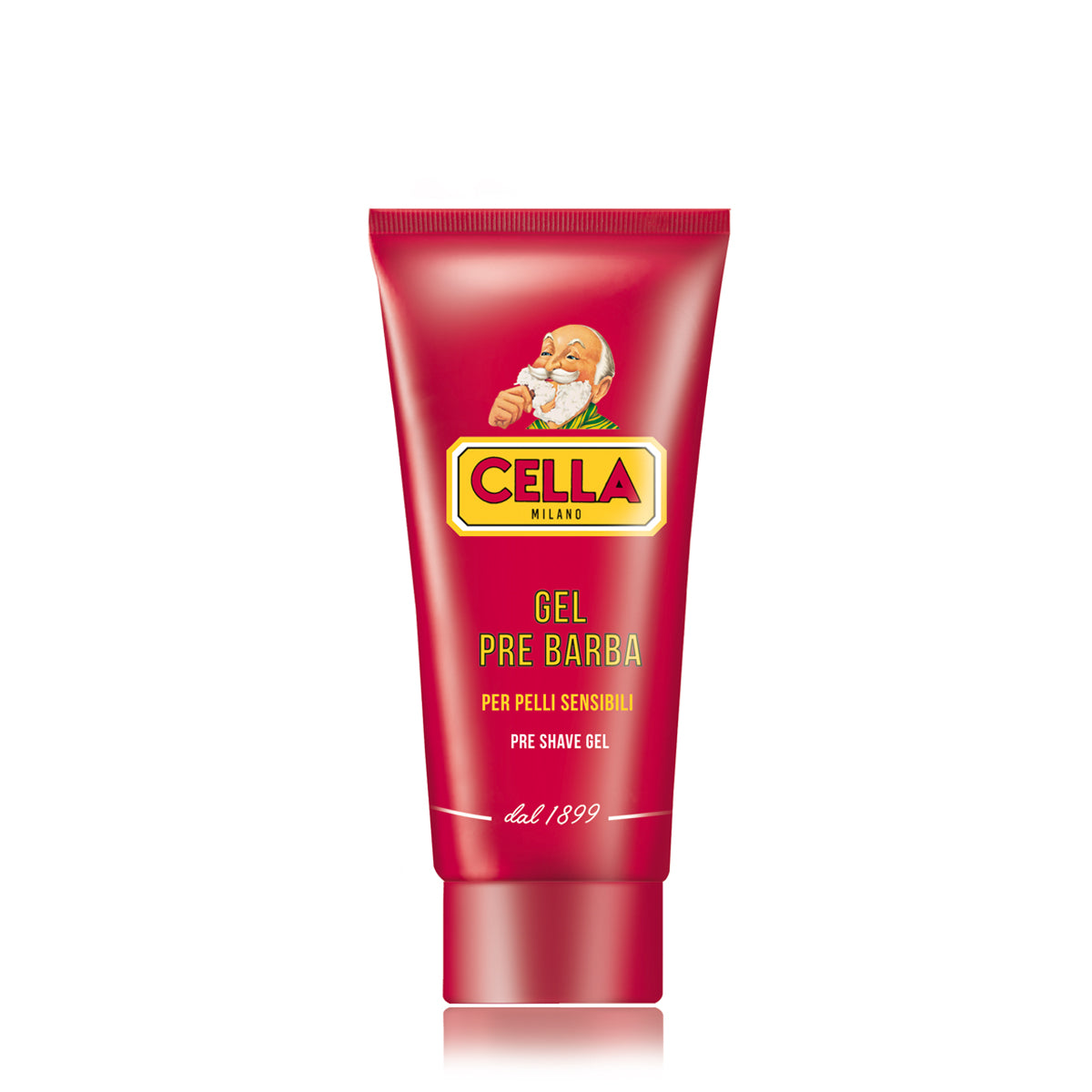 Red tube of Cella pre-shave gel on a white background