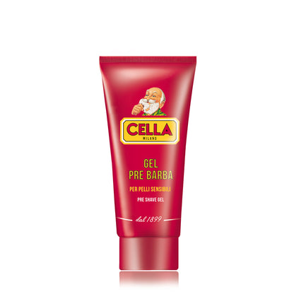 Red tube of Cella pre-shave gel on a white background