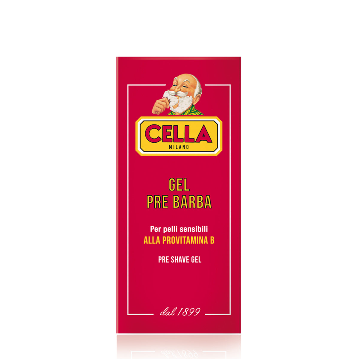 Red packaging of Cella Milano pre-shave gel with a vintage-style illustration on a white background.
