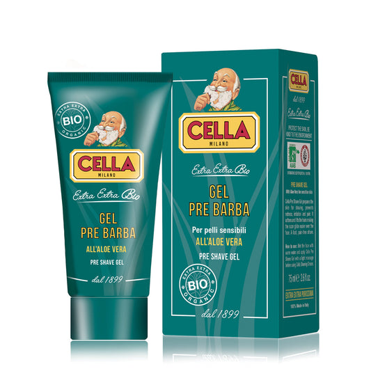 Cella pre-shave gel tube and packaging on a white background