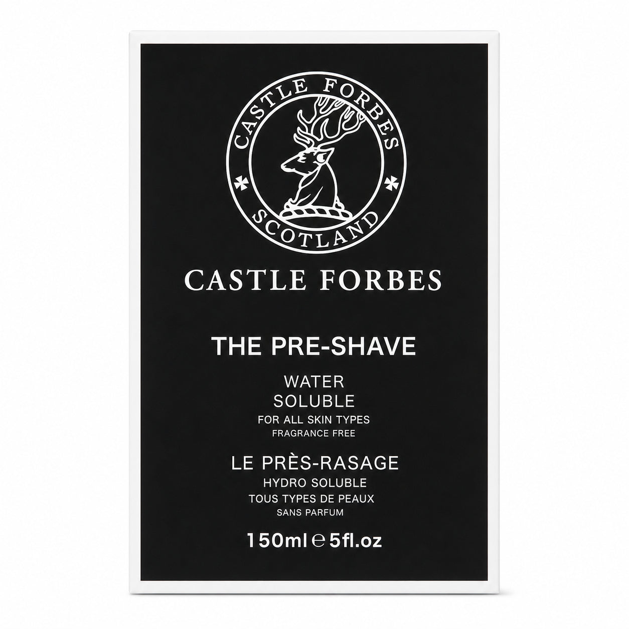Castle Forbes pre-shave product packaging with branding and product details on a black background