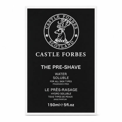 Castle Forbes pre-shave product packaging with branding and product details on a black background