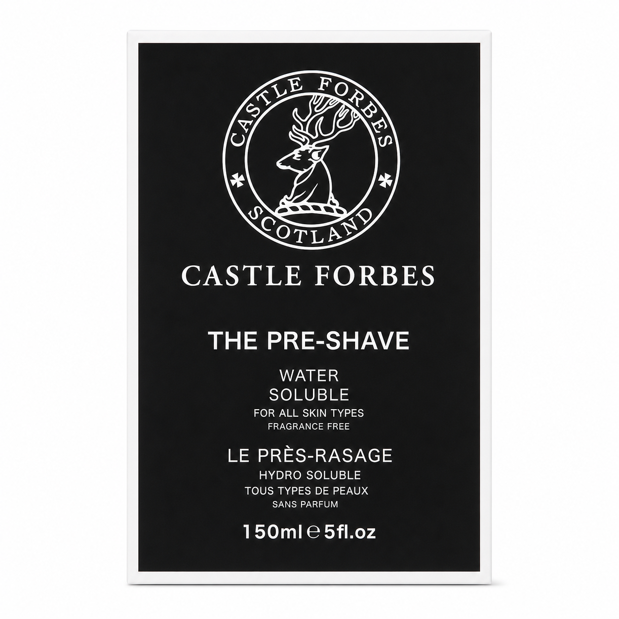 Castle Forbes pre-shave product packaging with branding and product details on a black background