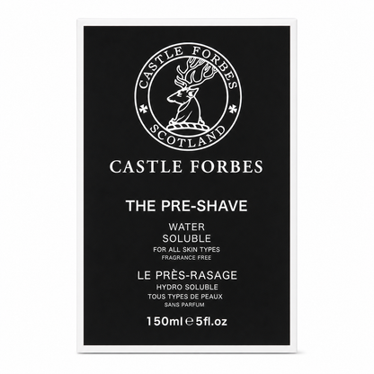 Castle Forbes pre-shave product packaging with branding and product details on a black background