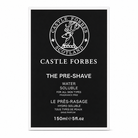 Castle Forbes pre-shave product packaging with branding and product details on a black background