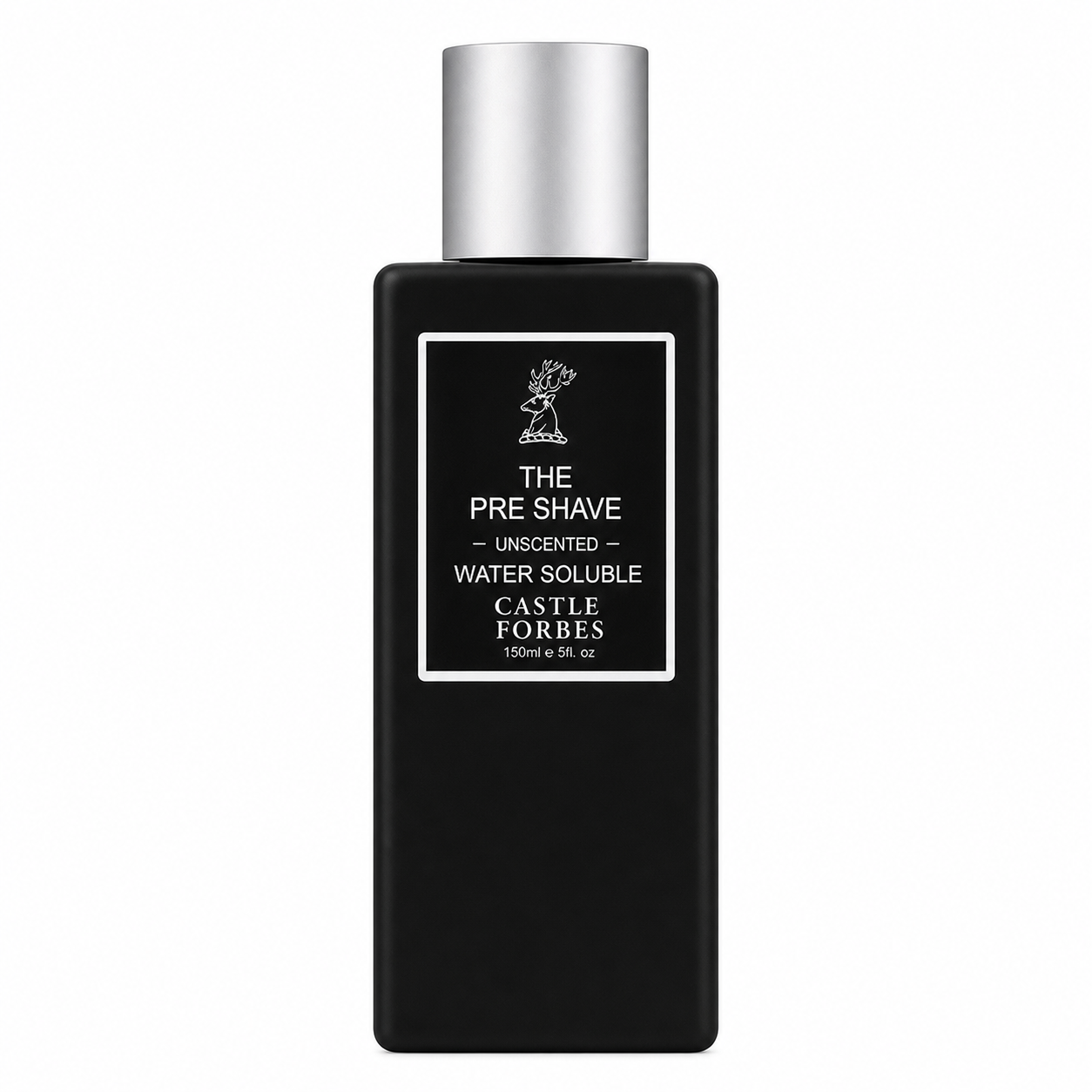 Black pre-shave bottle with silver cap on a white background