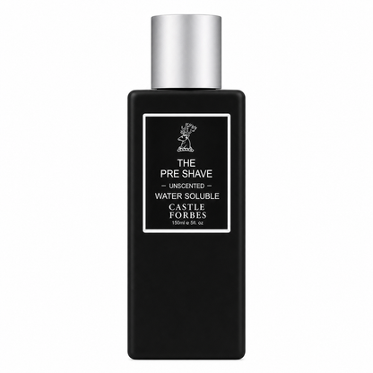 Black pre-shave bottle with silver cap on a white background