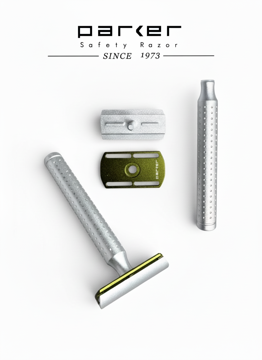 Parker safety razor set with multiple components on a white background