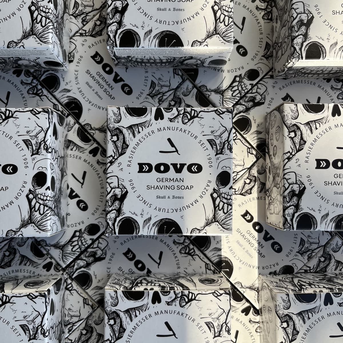 Multiple boxes of Dovo German Shaving Soap with skull and crossbones design.