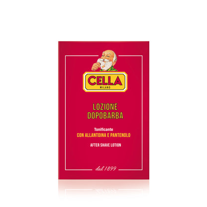 Red packaging of Cella Milano after-shave lotion with a vintage-style illustration on a white background.