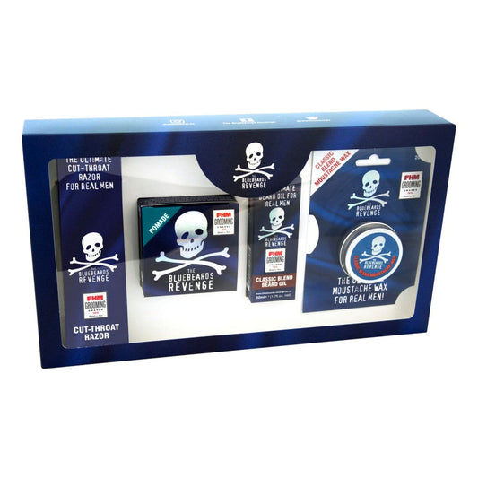 Close-up of The Bluebeards Revenge Hipster Kit in a sleek packaging, containing grooming essentials like beard oil, moustache wax, pomade, and a cut-throat razor.