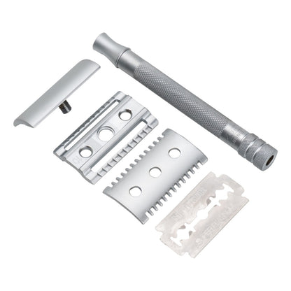 Merkur 22C matt chrome safety razor with long handle and closed and toothed comb options - disassembled