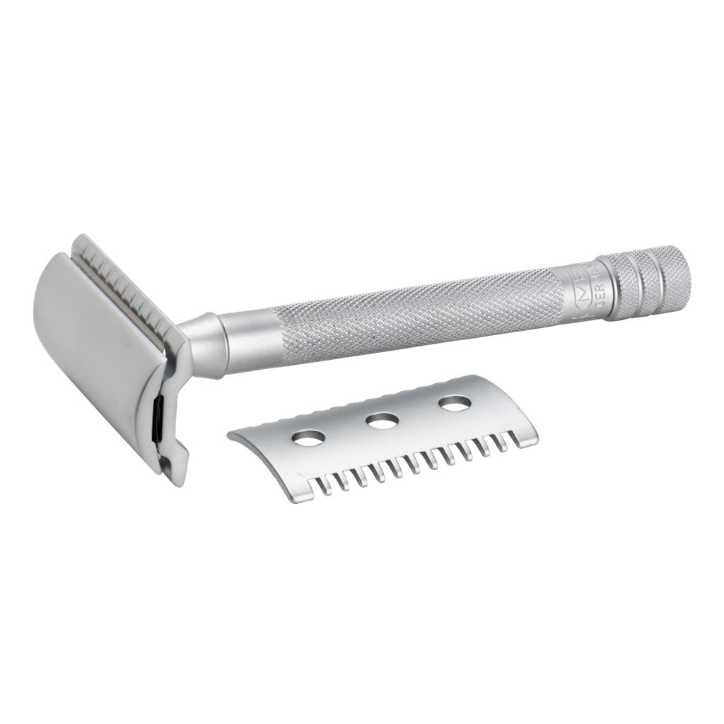Merkur 22C matt chrome safety razor with long handle and closed and toothed comb options - open comb view