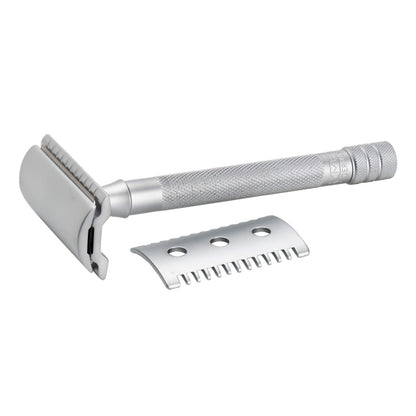 Merkur 22C matt chrome safety razor with long handle and closed and toothed comb options - open comb view