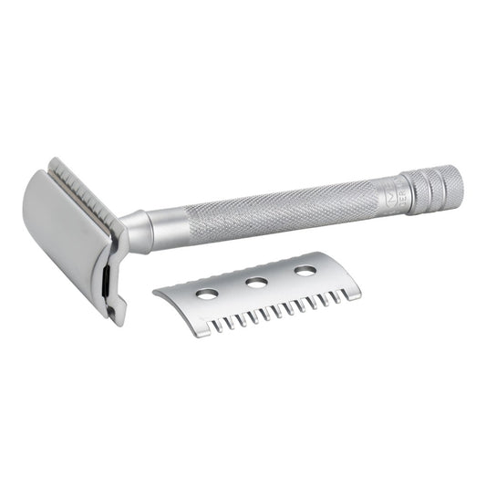 Merkur 22C matt chrome safety razor with long handle and closed and toothed comb options - open comb view