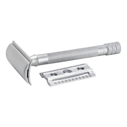 Merkur 22C matt chrome safety razor with long handle and closed and toothed comb options - closed comb view