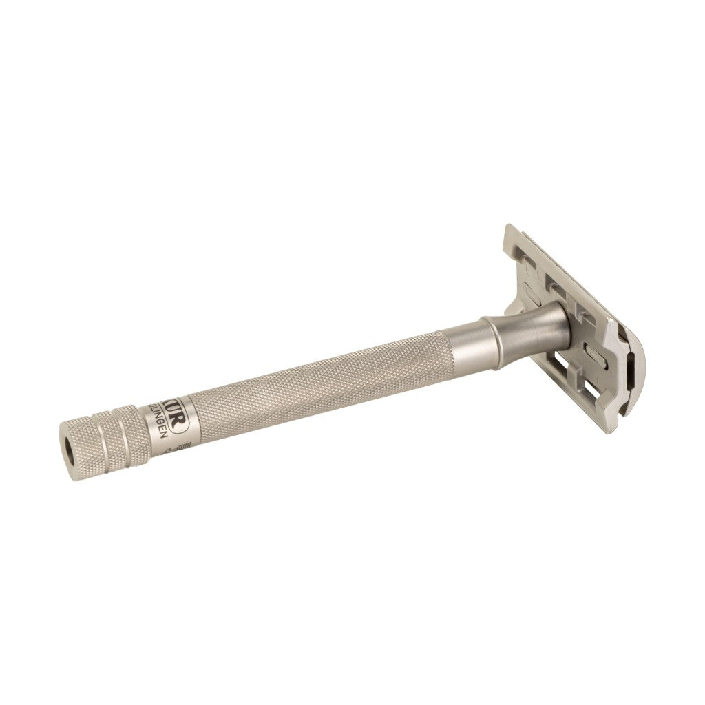 Merkur 23 INOX stainless steel safety razor with long handle and closed comb design - Back View