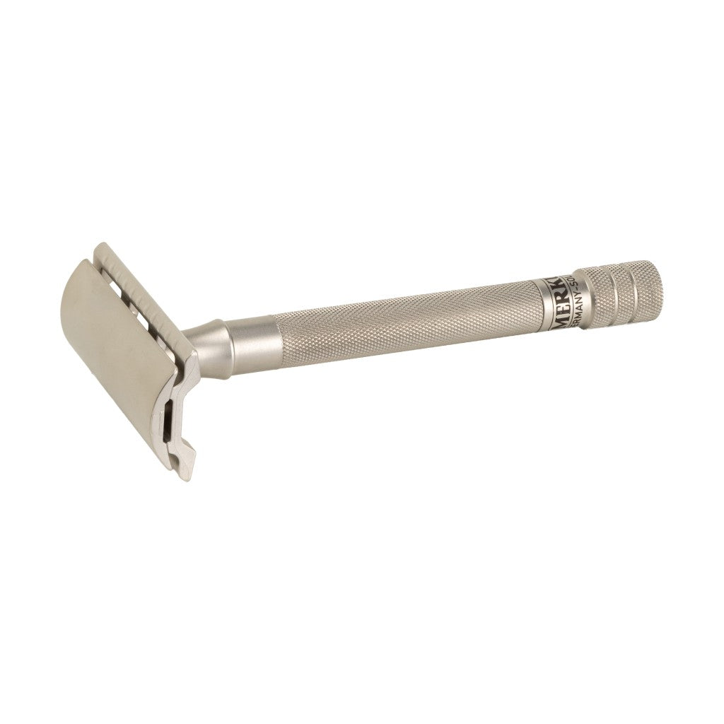 Merkur 23 INOX stainless steel safety razor with long handle and closed comb design - Front View