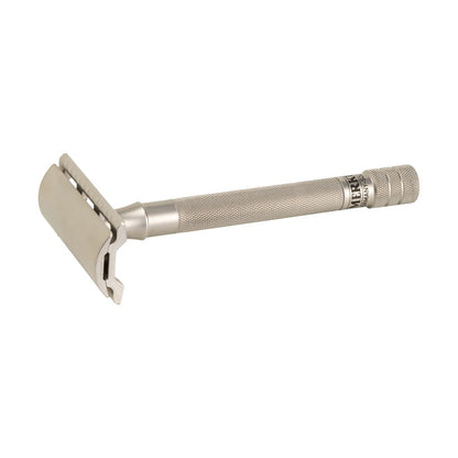 Merkur 23 INOX stainless steel safety razor with long handle and closed comb design - Front View