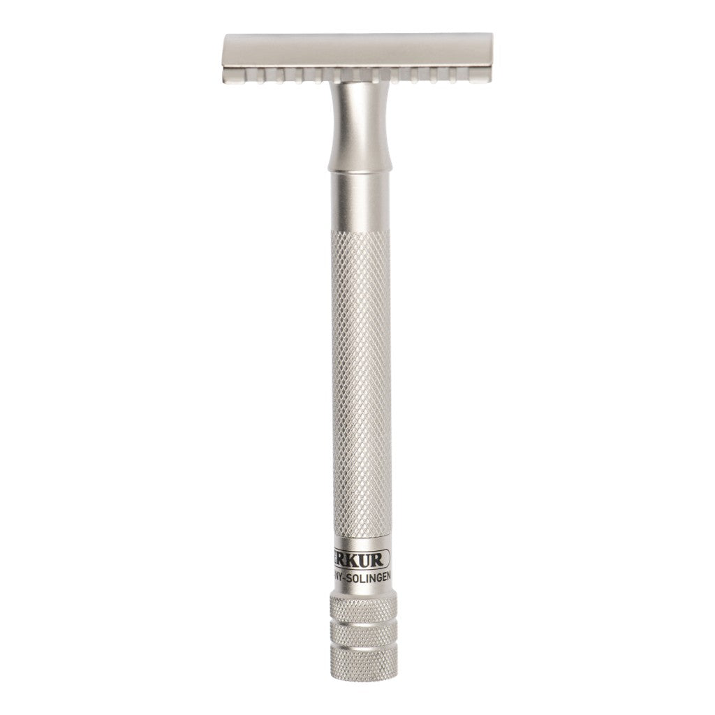 Front view of the Merkur 25 INOX open comb safety razor with long knurled handle.